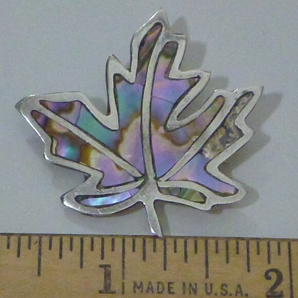 Vintage Taxco Mexico Maple Leaf Blue Mother of Pearl Inlay Brooch Pin - Picture 1 of 5